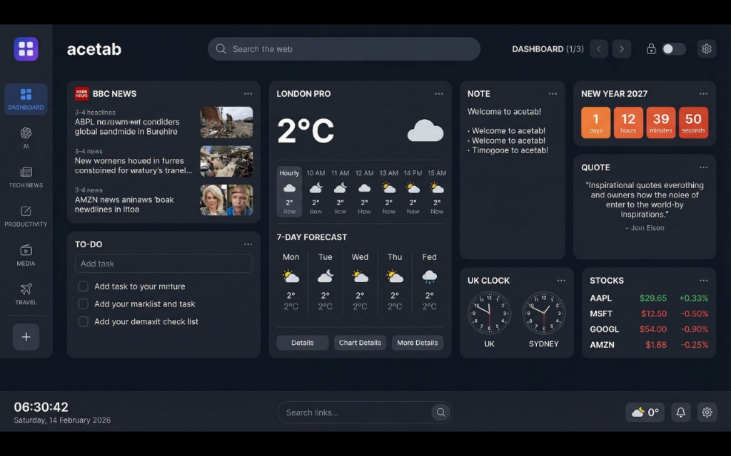 acetab Dashboard with news, weather, countdown, stocks and productivity widgets
