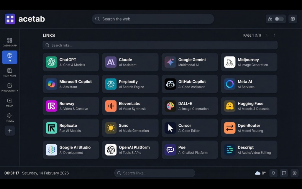 acetab Links screen with AI tool bookmarks organised in a grid