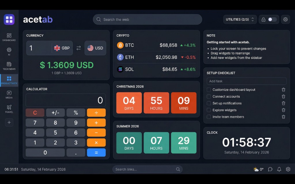 acetab Utilities screen with currency converter, crypto tracker, calculator and countdowns